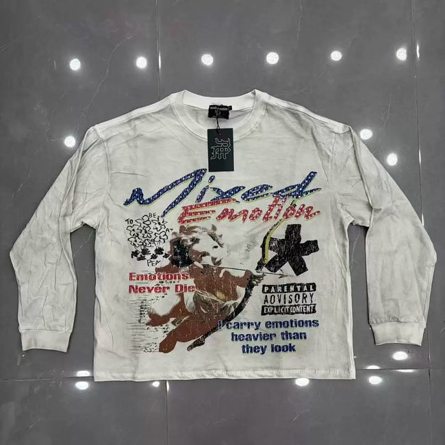 Mixed Emotion White Long Sleeve Tee – Colorful Cupid Art Print Hover Image