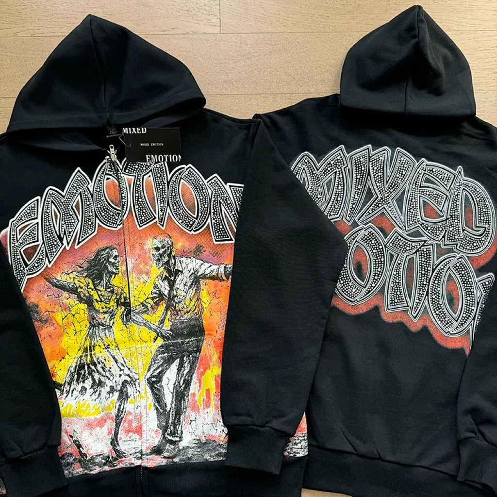 Mixed Emotion Skeleton Graphic Zip‑Up Hoodie Sweatpants Set