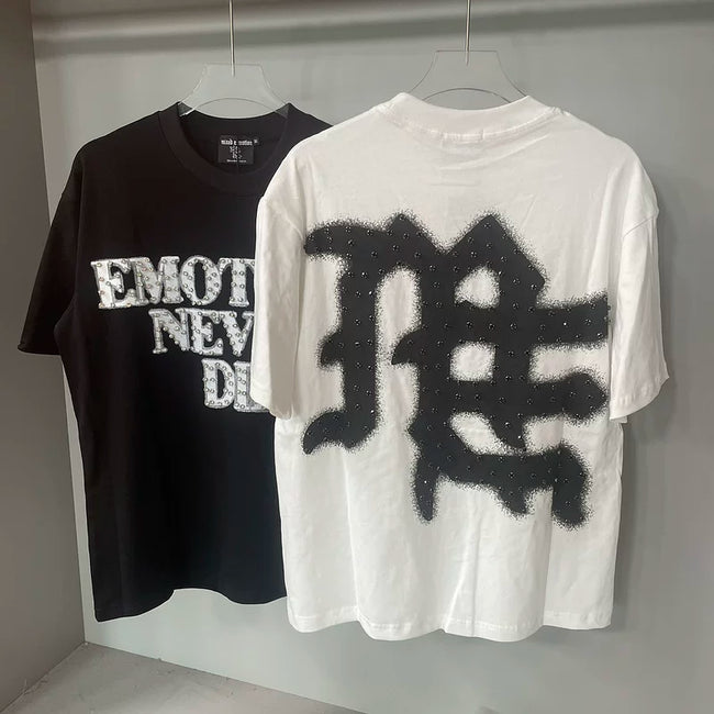 Mixed Emotion White Tee – Studded Emotions Never Die Back Print Hover Image