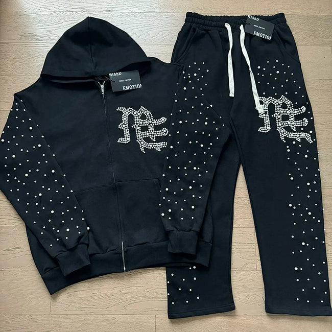 Mixed Emotion Rhinestone Logo Zip‑Up Hoodie Tracksuit Set Hover Image