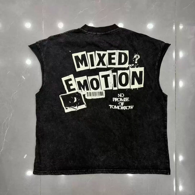 Mixed Emotion Washed Graphic Cut‑Off Sleeveless Tank Top Hover Image