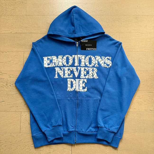 Mixed Emotion Emotions Never Die Rhinestone‑Effect Zip‑Up Hoodie Main Image