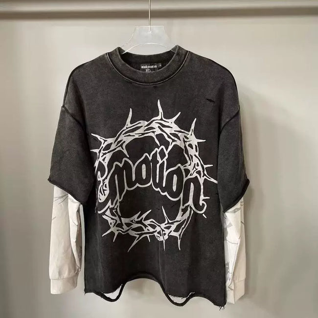 Mixed Emotion Dark Grey Two-Layer Pullover – Thorn Ring Emotion Print Hover Image