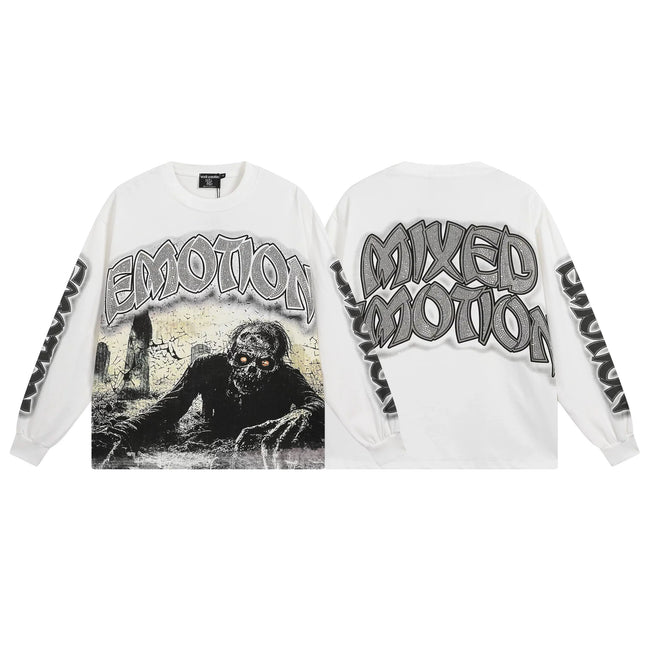 Mixed Emotion White Zombie Graveyard Front‑Back Print Long‑Sleeve Tee Hover Image