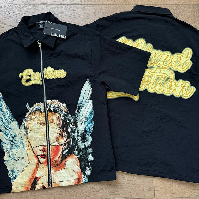 Mixed Emotion Cherub Angel Print Short‑Sleeve Zip Shirt & Shorts Set Main Image