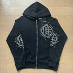 Mixed Emotion Rhinestone Sun Logo Zip‑Up Hoodie Tracksuit Set
