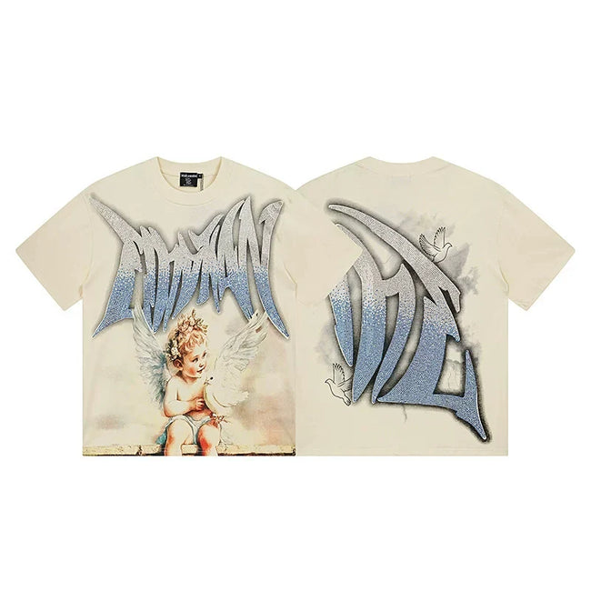 Mixed Emotion Cream Tee – Rhinestone Graffiti Angel Dove Print Hover Image