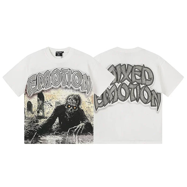 Mixed Emotion White Tee – Emotion Zombie Grave Print Hover Image