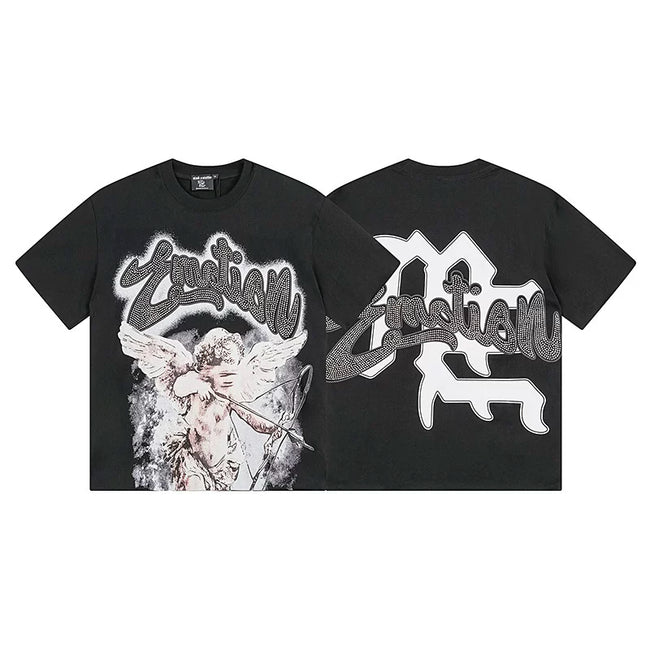 Mixed Emotion Black Tee – Worn Cupid Rhinestone Emotion Print Hover Image