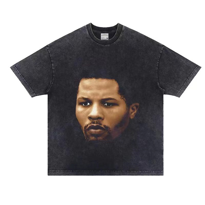 2025 cross-border summer American retro classic portrait BIGFACE spray printed short sleeved pure cotton men's T-shirt (29)