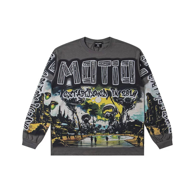 Mixed Emotion Sci‑Fi City Full‑Print Long‑Sleeve Tee Hover Image