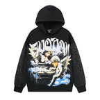 Mixed Emotion Vintage Angel Graphic Rhinestone‑Sleeve Hoodie