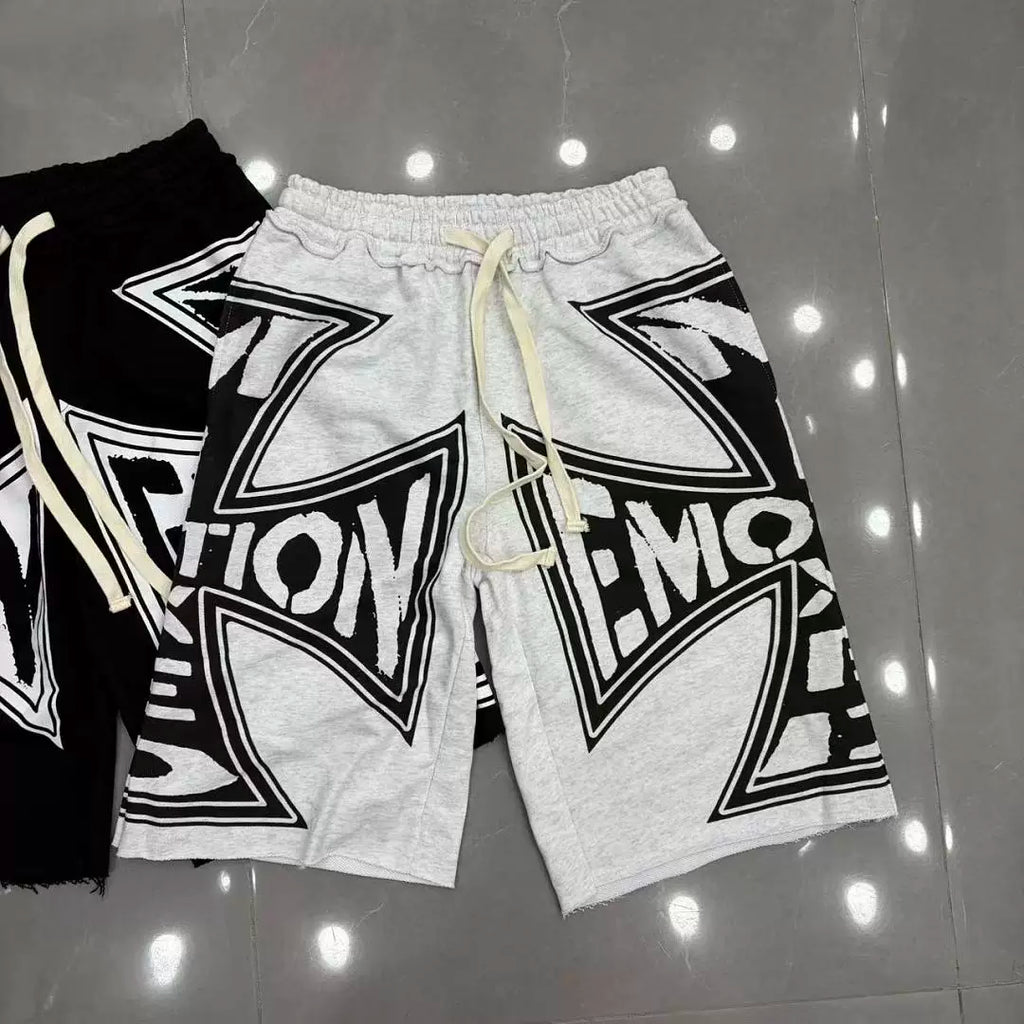 Mixed Emotion Cross Logo Frayed Hem Sweat Shorts