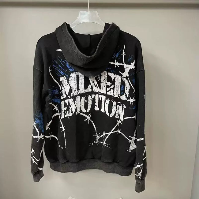 Mixed Emotion Black Zip Hoodie – Blue Yellow Graffiti Portrait Print Main Image