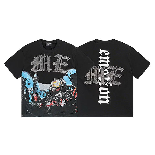 Mixed Emotion Black Tee – Gothic Rhinestone Cross Print Hover Image