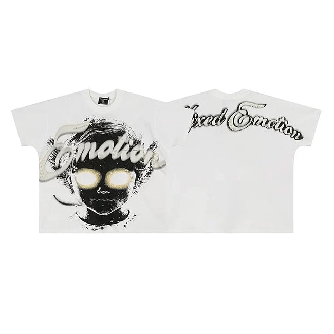 Mixed Emotion White Tee – Glowing Portrait Emotion Print Hover Image