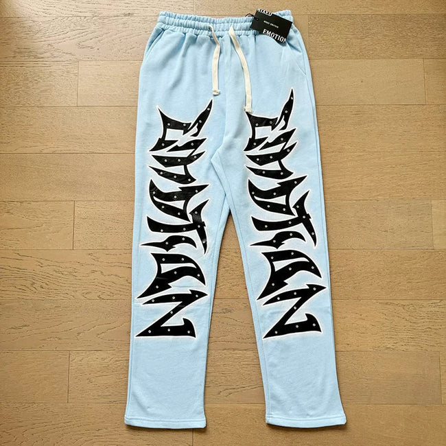 Mixed Emotion Studded Gothic Graphic Straight‑Leg Sweatpants Hover Image