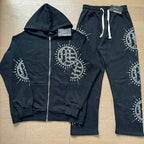 Mixed Emotion Rhinestone Sun Logo Zip‑Up Hoodie Tracksuit Set