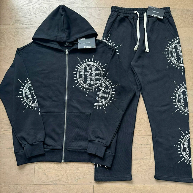 Mixed Emotion Rhinestone Sun Logo Zip‑Up Hoodie Tracksuit Set Hover Image