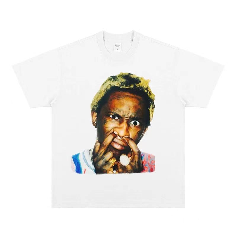 2025 cross-border summer American retro classic portrait BIGFACE spray printed short sleeved pure cotton men's T-shirt (41)