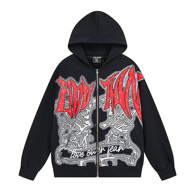Mixed Emotion Black Zip Hoodie – Red White Art Print Main Image