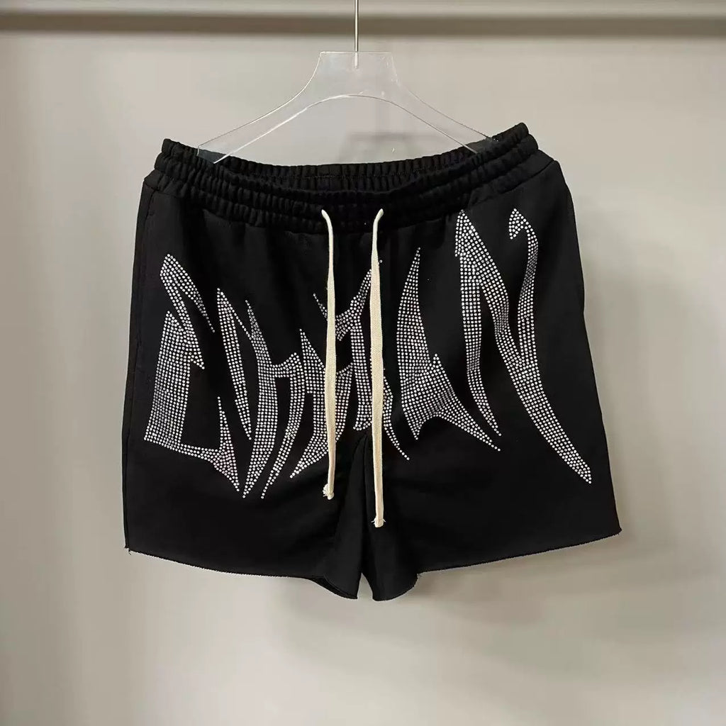 Mixed Emotion Black Shorts – White Rhinestone Art Letter Print