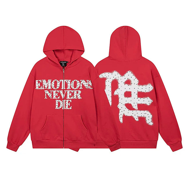 Mixed Emotion Red Zip Hoodie – White Studded Emotions Never Die Print Hover Image