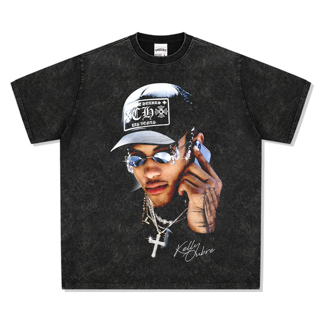 2025 cross-border summer American retro classic portrait BIGFACE spray printed short sleeved pure cotton men's T-shirt (60) Hover Image