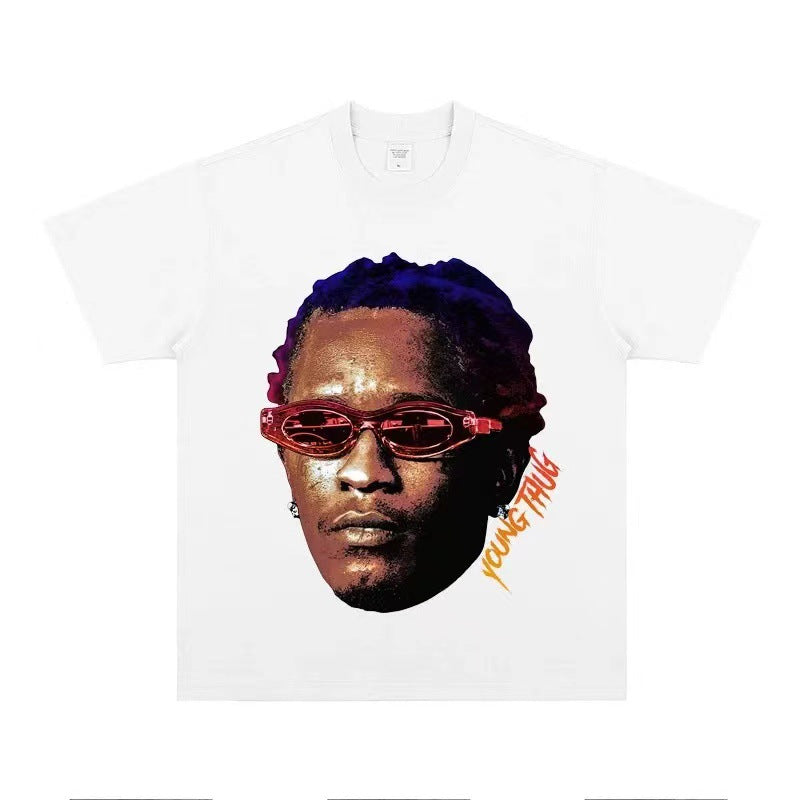 2025 cross-border summer American retro classic portrait BIGFACE spray printed short sleeved pure cotton men's T-shirt (51)