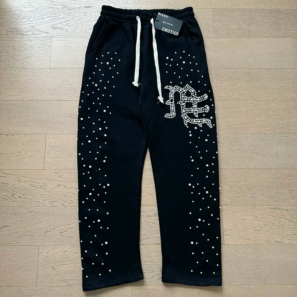 Mixed Emotion Rhinestone Logo Zip‑Up Hoodie Tracksuit Set