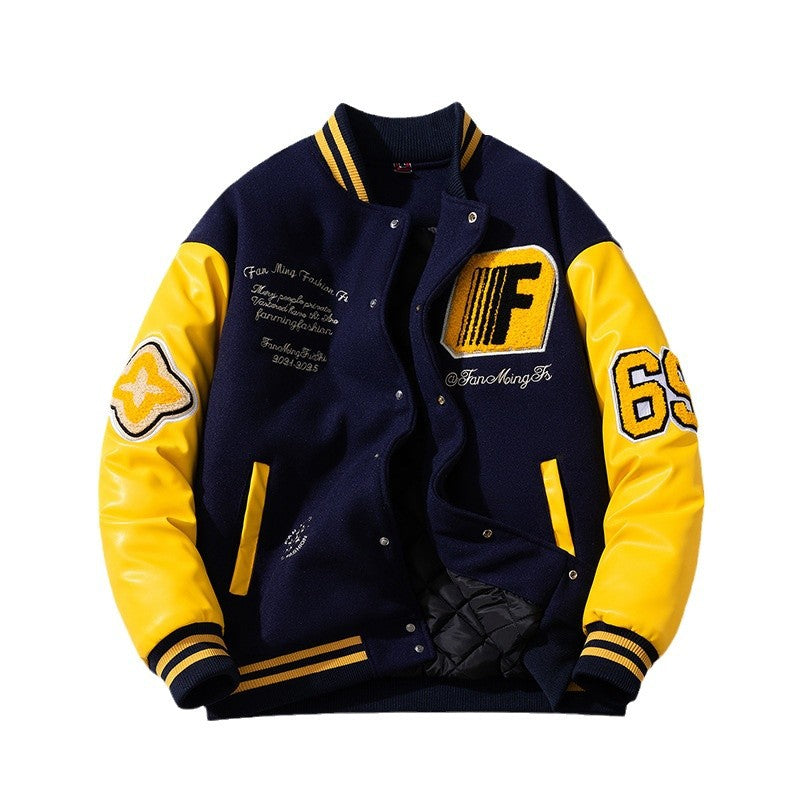 Embroidered Leather Jacket Padded Cotton