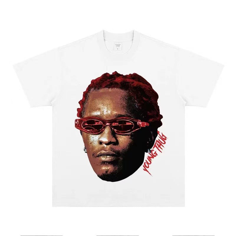 2025 cross-border summer American retro classic portrait BIGFACE spray printed short sleeved pure cotton men's T-shirt (50)