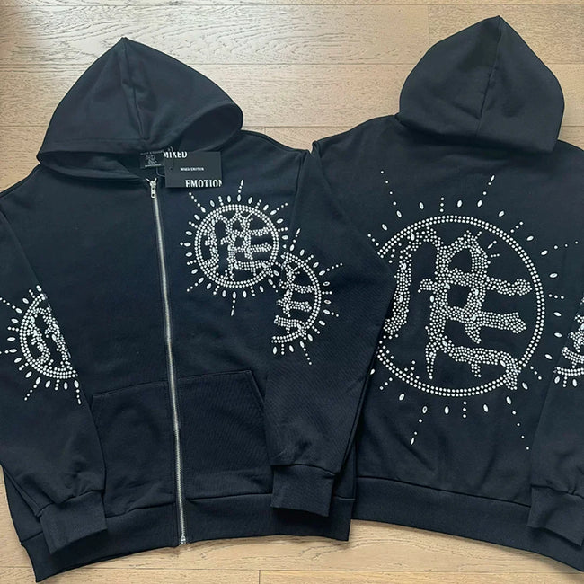 Mixed Emotion Rhinestone Sun Logo Zip‑Up Hoodie Tracksuit Set Main Image