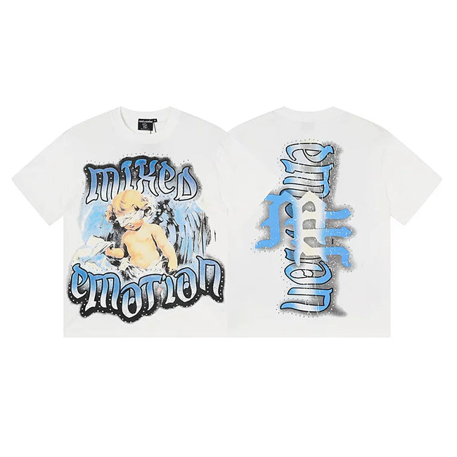 Mixed Emotion White Tee – Blindfolded Angel Gothic Print Hover Image