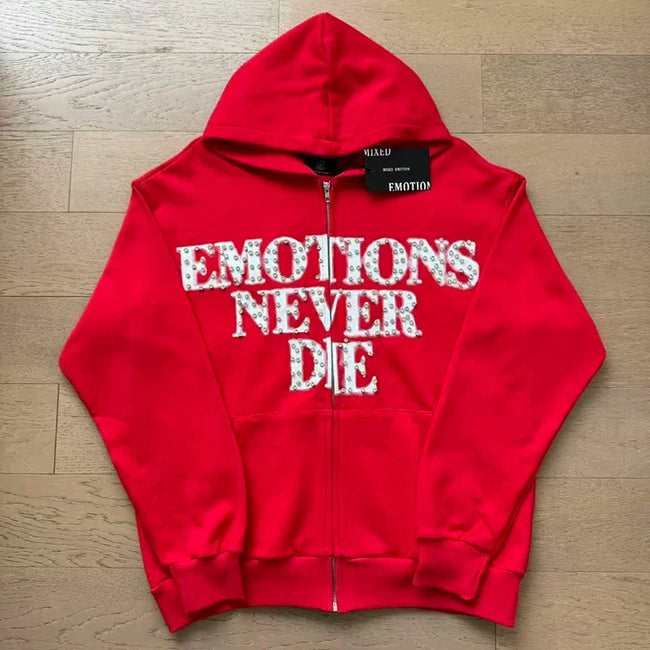 Mixed Emotion Emotions Never Die Rhinestone‑Effect Zip‑Up Hoodie Main Image