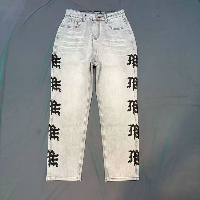 Mixed Emotion Black Side Embroidered Straight‑Leg Jeans Hover Image