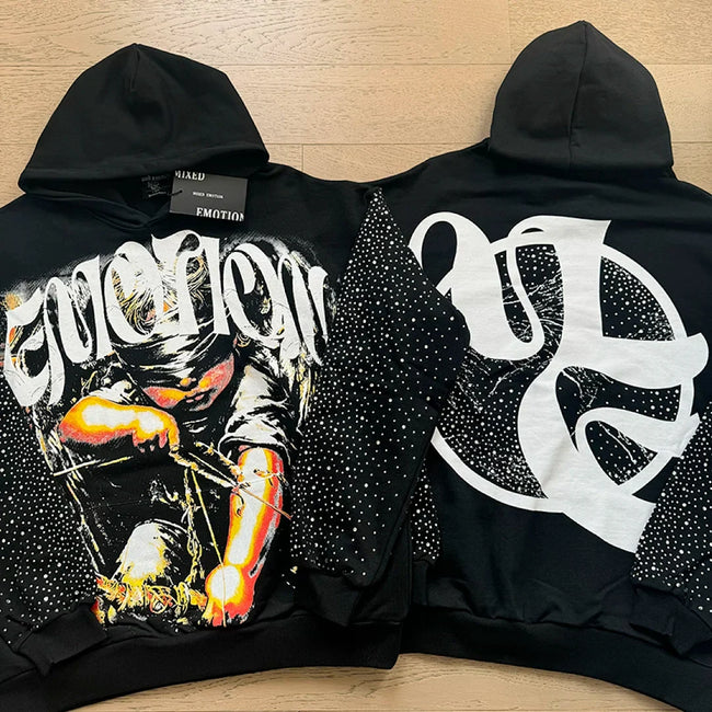 Mixed Emotion Vintage Archer Graphic Rhinestone‑Sleeve Hoodie Main Image