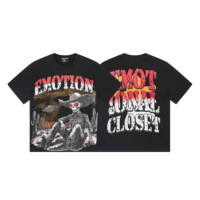 Mixed Emotion Black Tee – Western Skull Cowboy Print Hover Image