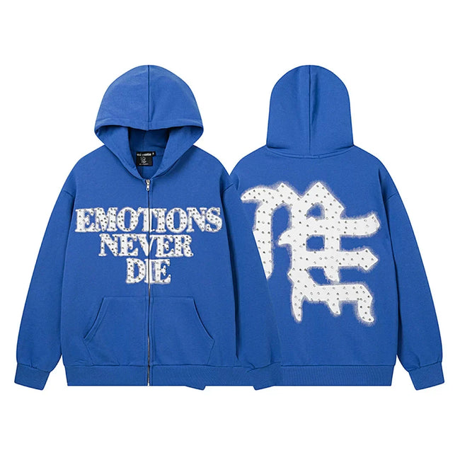 Mixed Emotion Emotions Never Die Rhinestone‑Effect Zip‑Up Hoodie Hover Image
