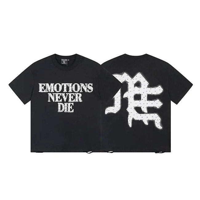Mixed Emotion Black Tee – White Emotions Never Die Print Hover Image