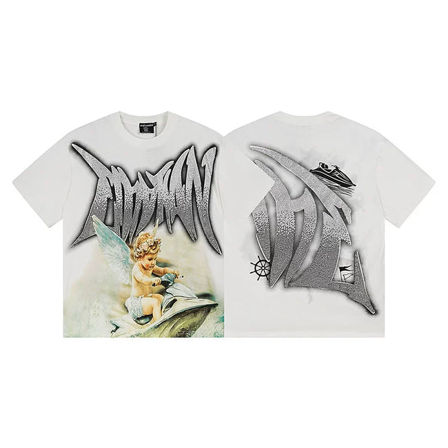 Mixed Emotion White Tee – Gothic Angel Jetski Print Hover Image