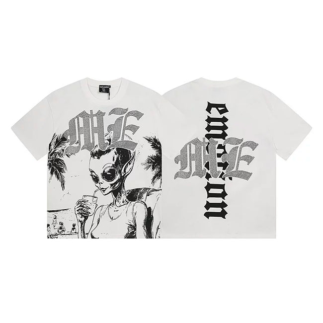 Mixed Emotion White Tee – Gothic Cross Alien Woman Print Hover Image