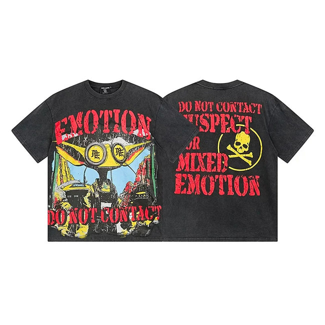 Mixed Emotion Black Washed Tee – Red Emotion Warning Skull Print Hover Image