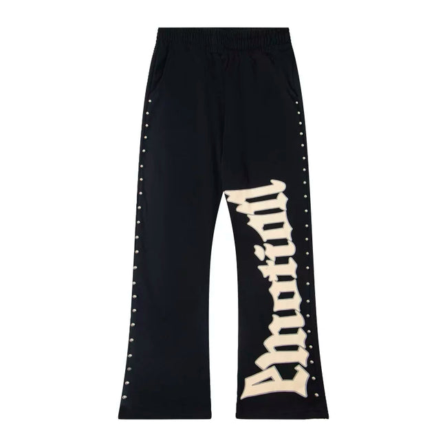 Mixed Emotion Studded Flare‑Leg Graphic Sweatpants Hover Image