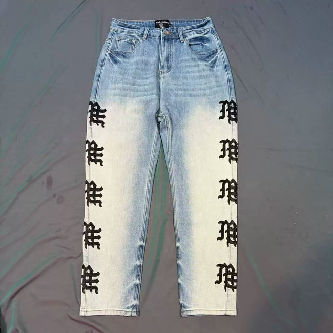 Mixed Emotion Black Side‑Embroidered Straight‑Leg Jeans Hover Image