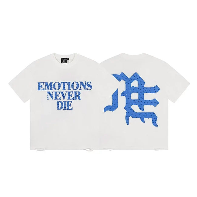 Mixed Emotion White Tee – Blue Emotions Never Die Studded Print Hover Image
