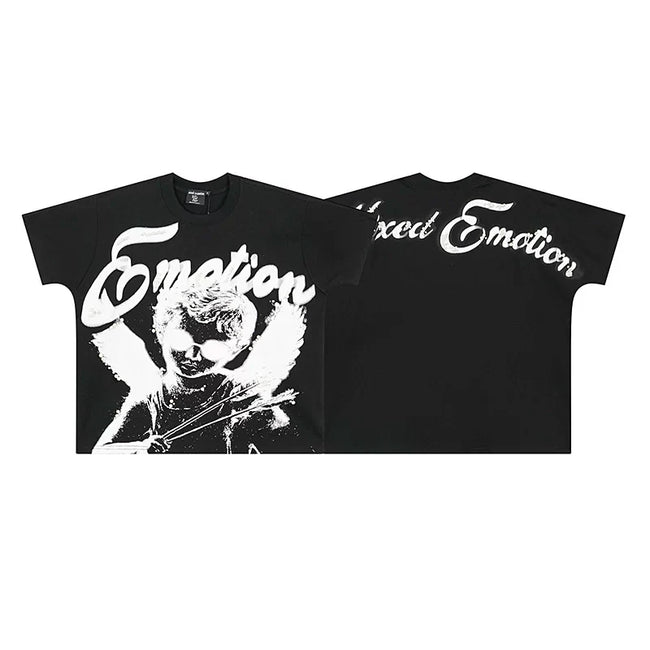 Mixed Emotion Black Tee – Worn Cupid Emotion Print Hover Image