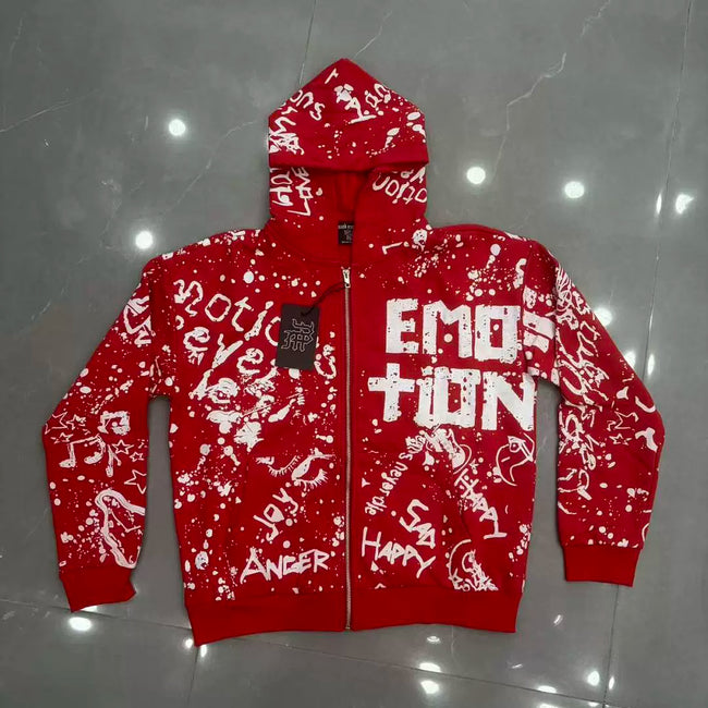 Mixed Emotion Red Splatter Graffiti Full‑Zip Hoodie Hover Image