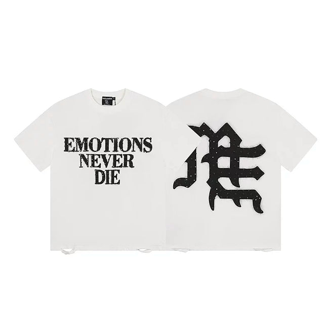 Mixed Emotion White Tee – Emotions Never Die Distressed Print Hover Image