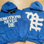 Mixed Emotion Blue Zip Hoodie – White Studded Emotions Never Die Print